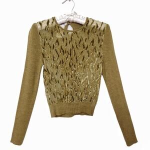 VALENTINO Mustard Green Sweater Long Sleeve Velvet Burnout Mesh Designer Top